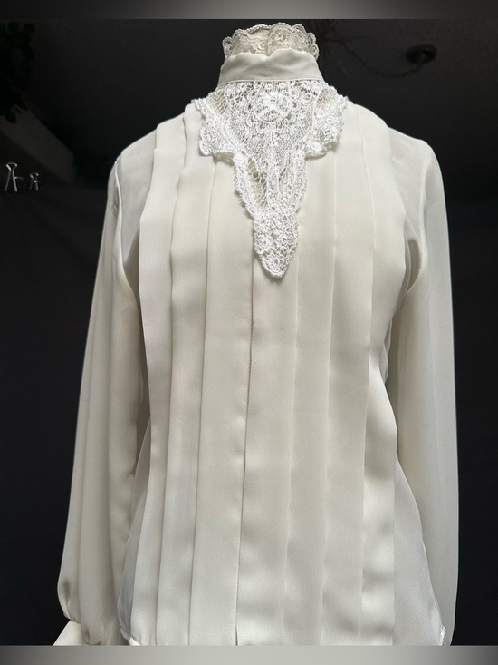 Tops - VICTORIAN EDWARDIAN BLOUSE TOP VTG 80s GOTHIC HIGH NECK PLEATED CREAM 12